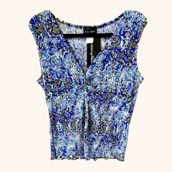 BRITTANY BLACK Sleeveless Gauze Sparkly Retro Blue & Black Abstract Print Top. - Picture 1 of 11